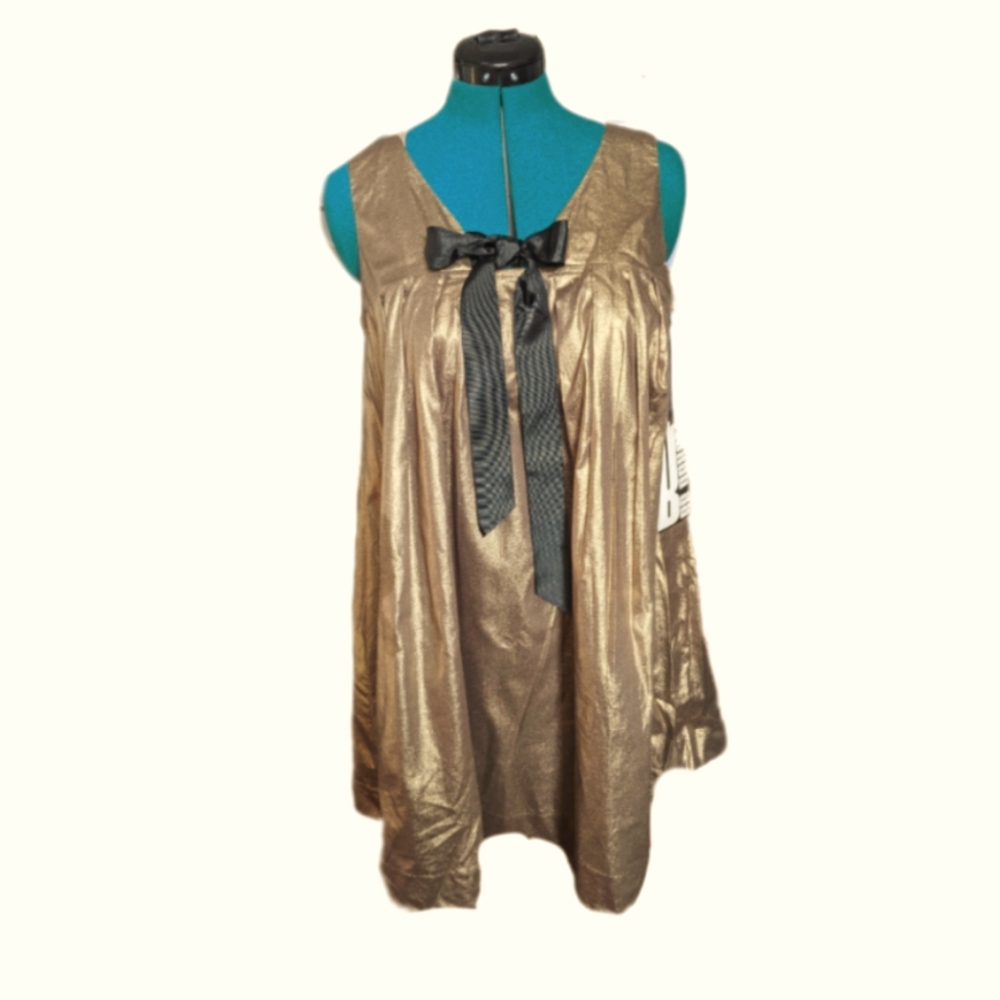 Vtg croquette girl sabrina carpenter gold babydoll dress BB Dekota w/ black bow